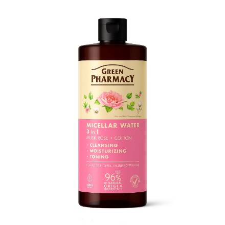 Εικόνα της Μικκυλιακό νερό 3 σε 1 Green Pharmacy με τριαντάφυλλο και βαμβάκι, 500 ml