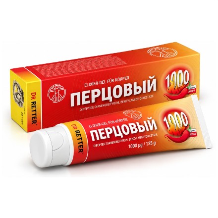 Изображение Разогревающий эликсир-гель для массажа тела Dr. Retter Перцовый 1000 с живицей стручкового перца и пептидами, 135 мл
